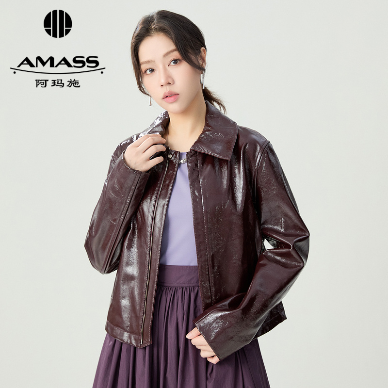 阿玛施AMASS 复古高级港风翻领拉链机车夹克羊皮皮衣5400925