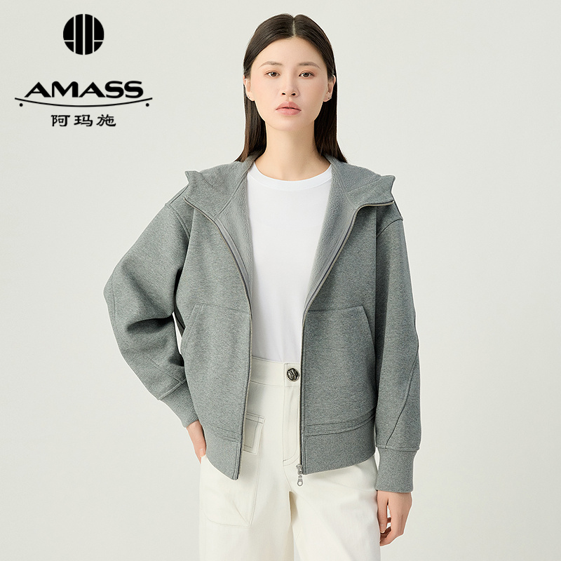 阿玛施AMASS 轻运动休闲百搭植绒拉链连帽外套5400935