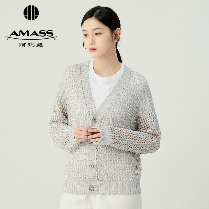 阿玛施AMASS 慵懒夏日亚麻深V领网格长袖针织开衫548008