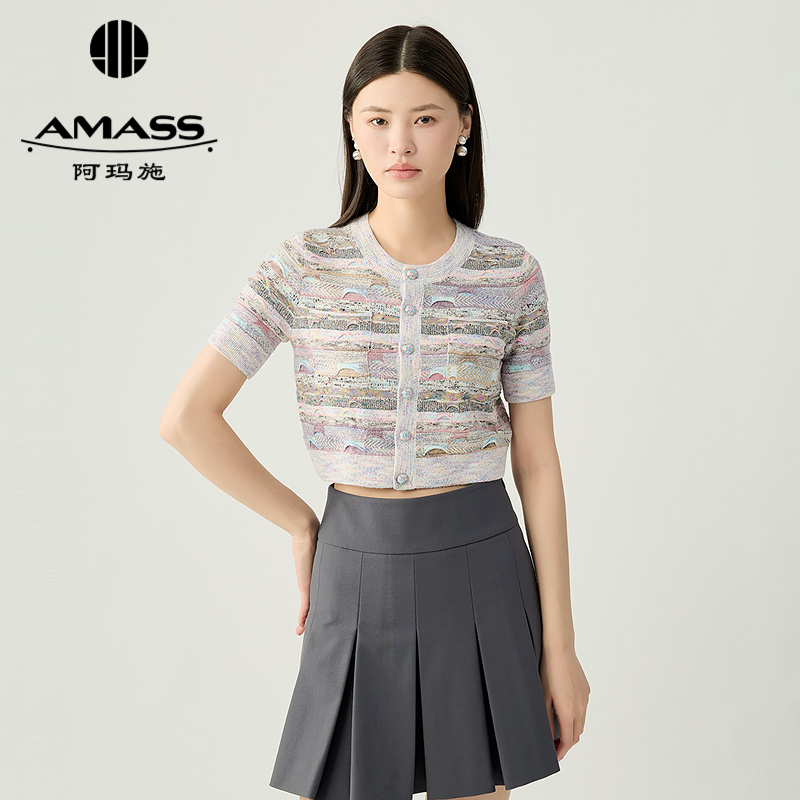 阿玛施AMASS 精致小香风靓丽色彩炫腹短款短袖针织衫548020