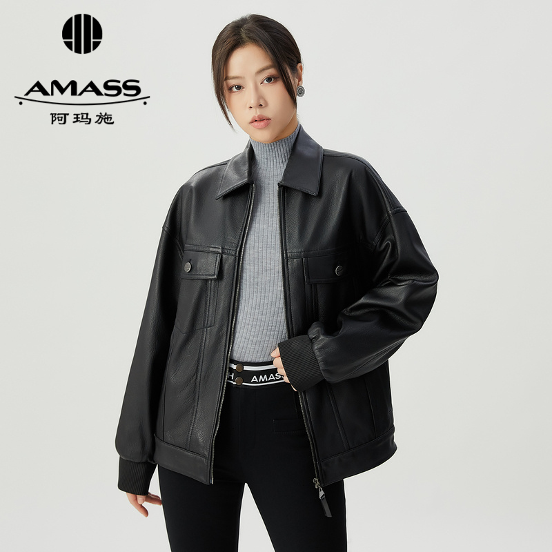 阿玛施AMASS高人一等衣橱共享廓形拉链机车风羊皮夹克5492846