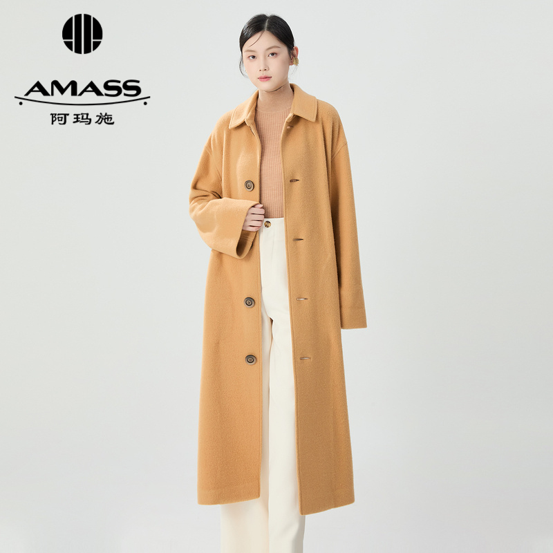 阿玛施AMASS 新款排扣翻领中长款纯色大衣外套5492890
