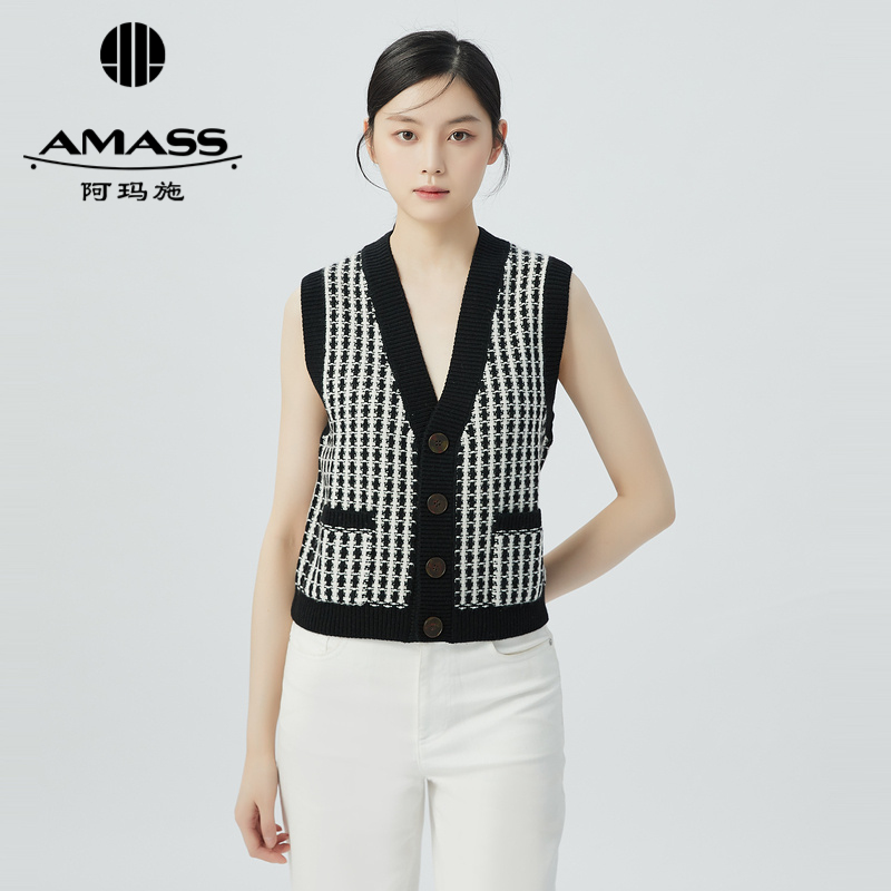 AMASS阿玛施 复古棕格V领造型针织马甲5499167
