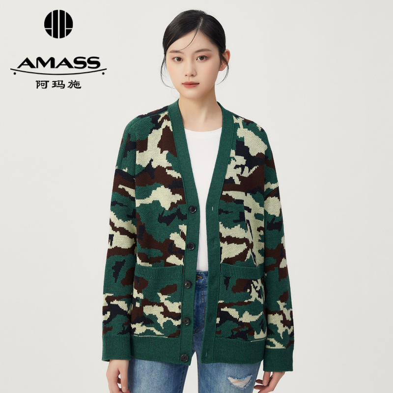 AMASS阿玛施 迷彩V领长袖针织外套 5499178