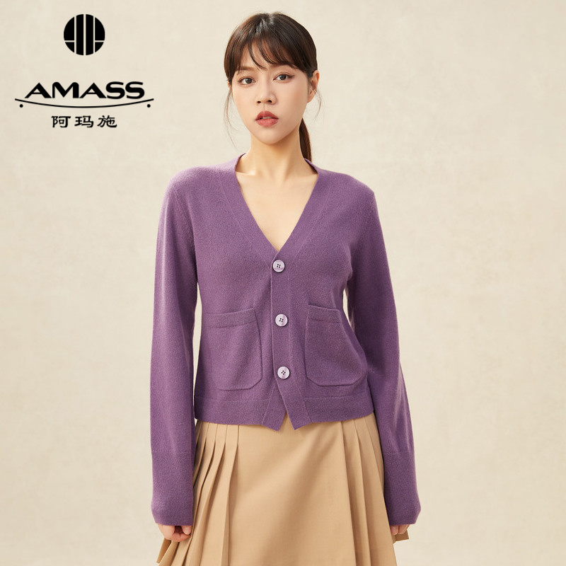 AMASS阿玛施 羊绒V领排扣简约素面口袋针织开衫5499180