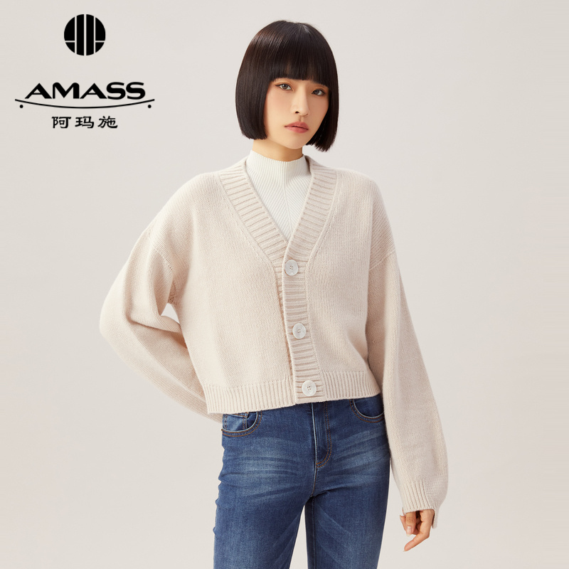 AMASS阿玛施燕麦色V领羊绒短款针织开衫5499184