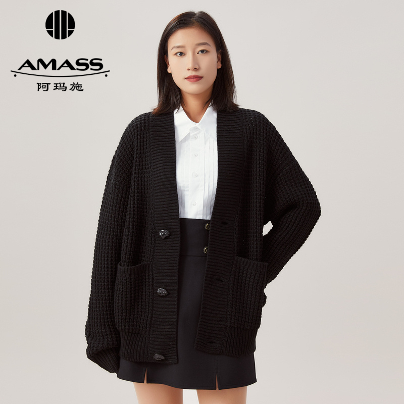AMASS阿玛施 纯色V领宽松大版棒针针织外套5499196