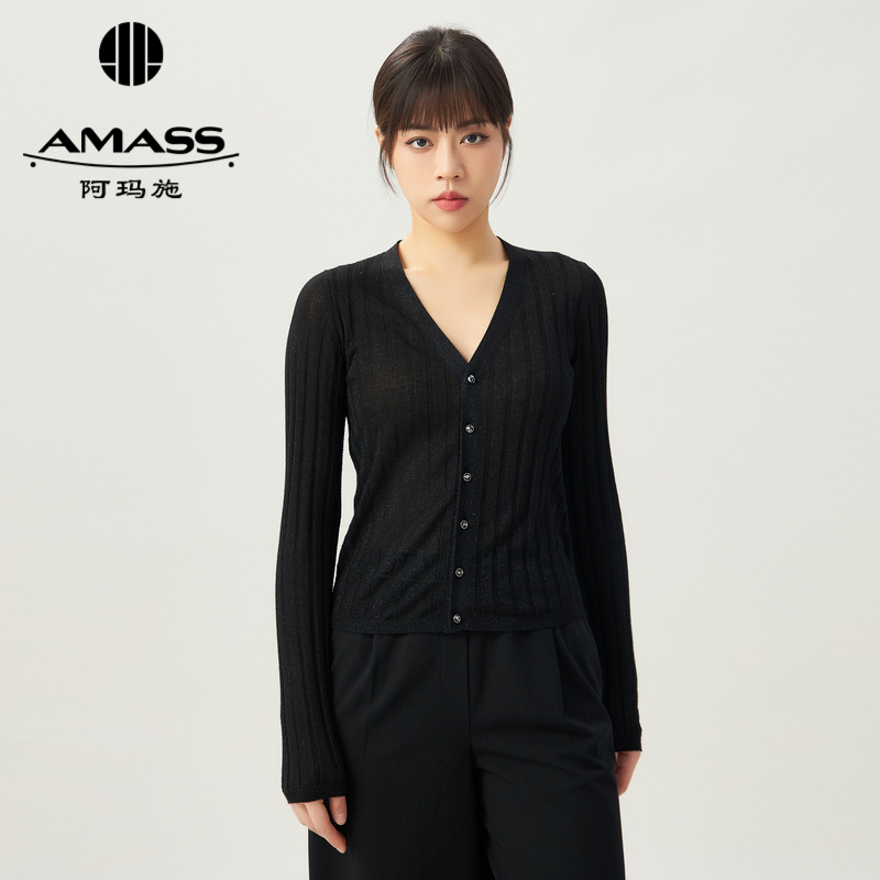 AMASS阿玛施 新款V领金银丝面料柔软舒适百搭针织短开衫5499204