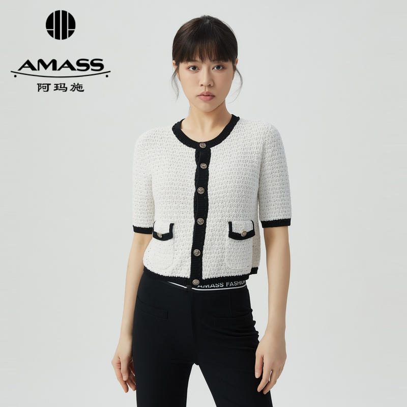 阿玛施AMASS 优雅气质圆领中袖小香针织开衫5499206