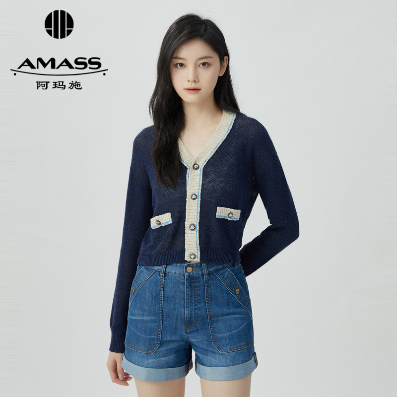 阿玛施AMASS新款V领拼色棉麻开衫5499208