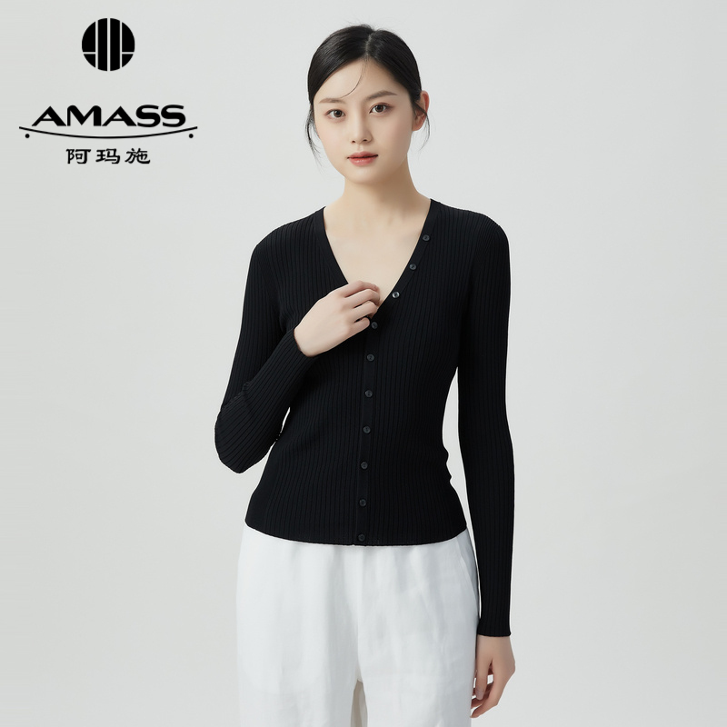 阿玛施AMASS V领竖坑条显瘦长袖针织开衫5499209