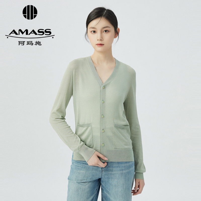 阿玛施AMASS V领双口袋冰丝针织外罩衫5499210