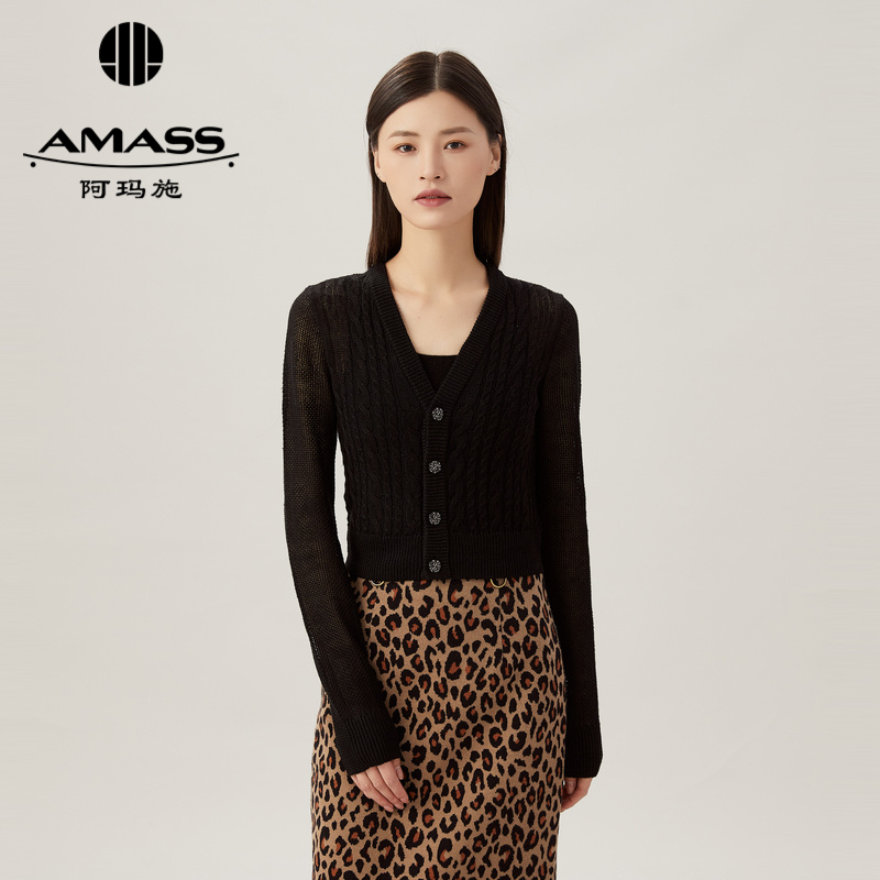 阿玛施AMASS春季新款V领排扣镂空亚麻针织开衫5499211