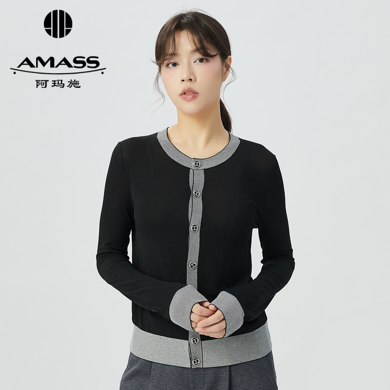 阿玛施AMASS法式小香风拼色圆领排扣简约开衫5499212
