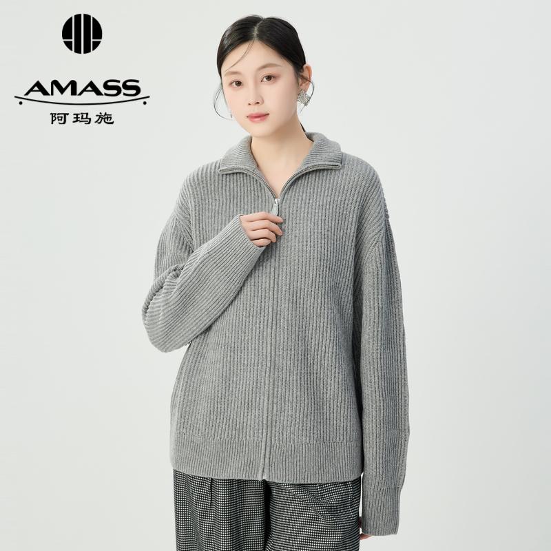 阿玛施AMASS 立领竖坑条拉链长袖羊绒针织外套5499223