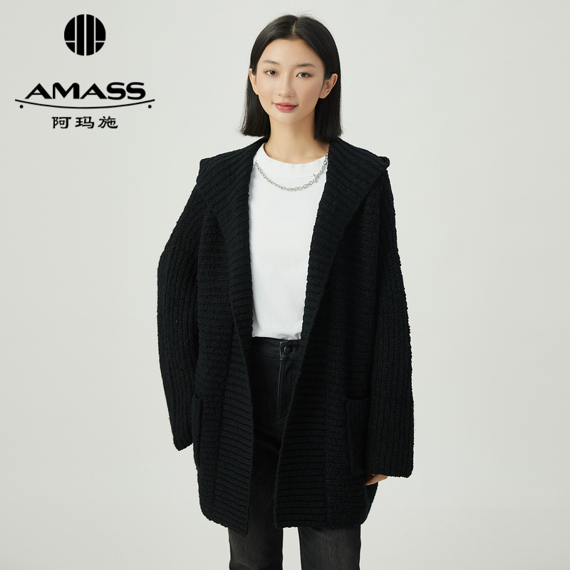 阿玛施AMASS 绵羊毛亲肤舒适休闲风连帽纯色针织开衫外套女5499224