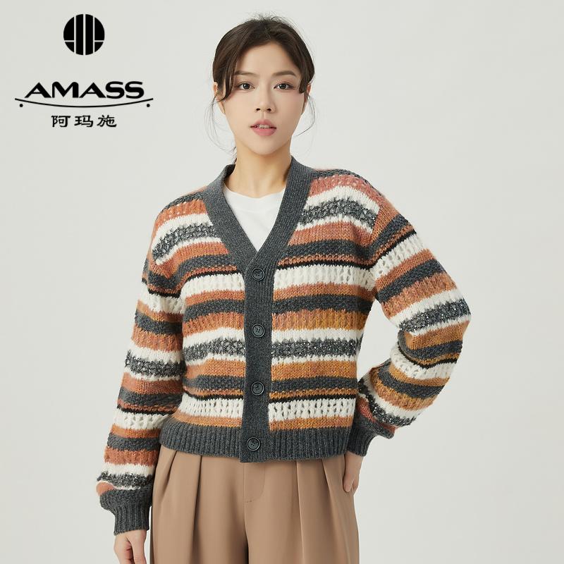 阿玛施AMASS 秋冬复古撞色条纹羊毛针织开衫5499230