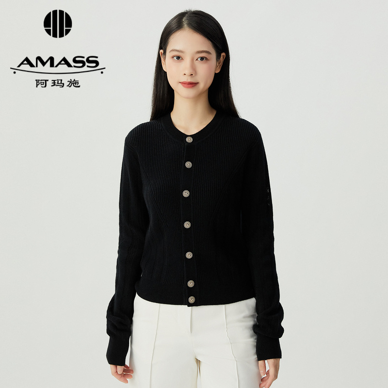 阿玛施AMASS 简约竖坑条圆领羊绒针织开衫5499241