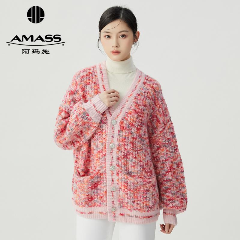 阿玛施AMASS秋冬新款拼色V领宽松针织开衫5499243