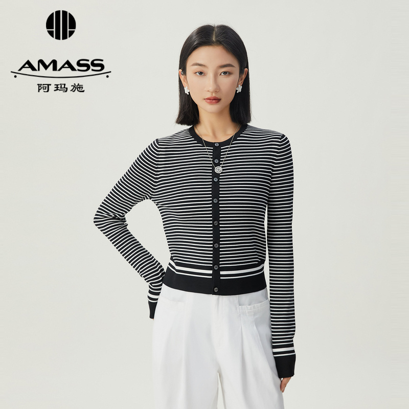 阿玛施AMASS 圆领简约条纹长袖冰丝针织开衫5499246