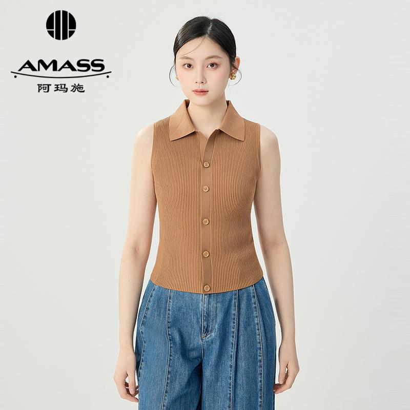 阿玛施AMASS 简约气质小翻领竖坑条显瘦纽扣无袖背心针织衫5499248