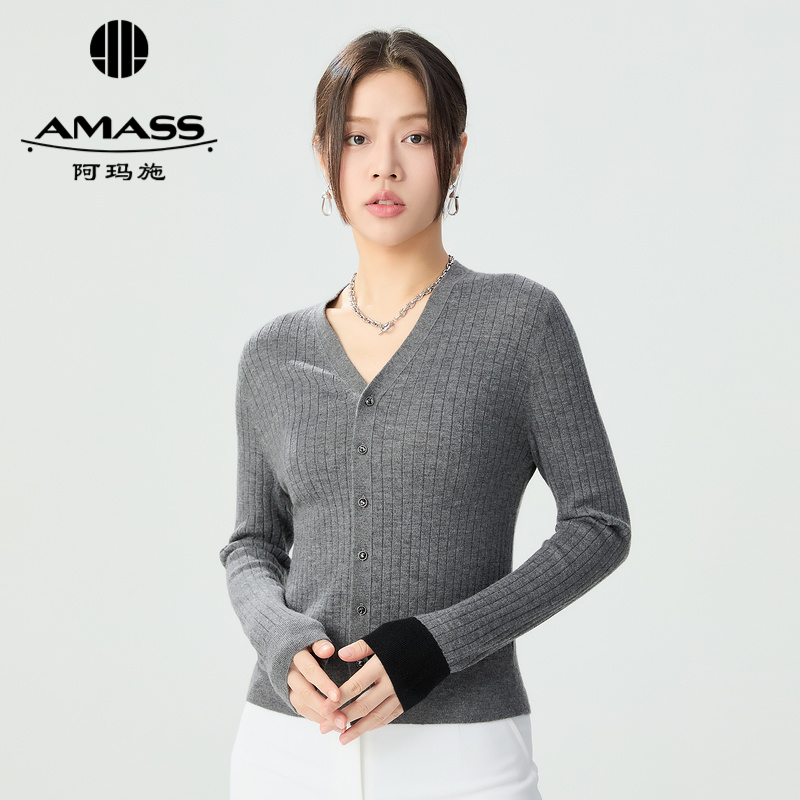 阿玛施AMASS 蓬松柔软MIU系复古竖坑条V领羊绒针织开衫5499266