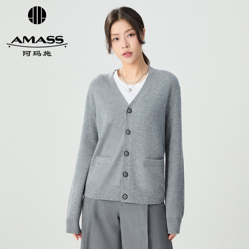 阿玛施AMASS 奢雅时尚质感垂坠V领绵羊毛针织开衫女5499268