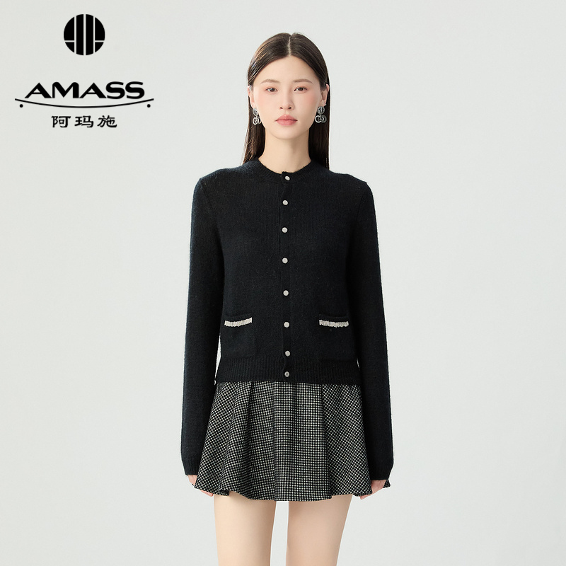 阿玛施AMASS 温柔气质毛绒质感圆领针织开衫5499272