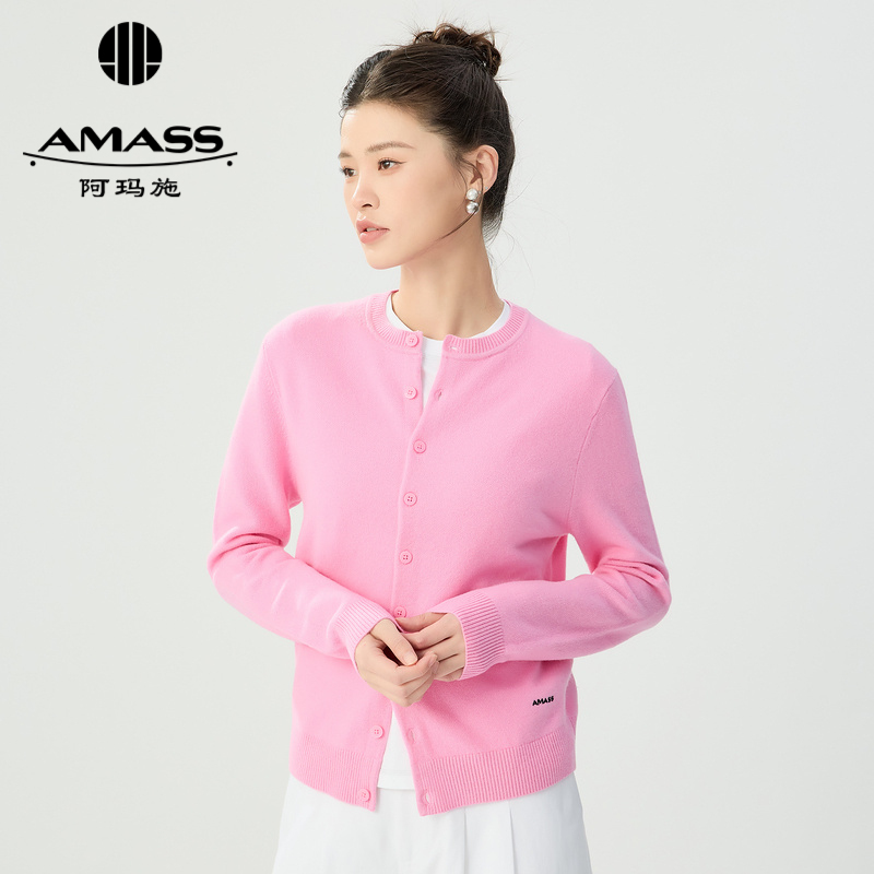 阿玛施AMASS 温柔气质字母点缀品质感圆领针织开衫5499274