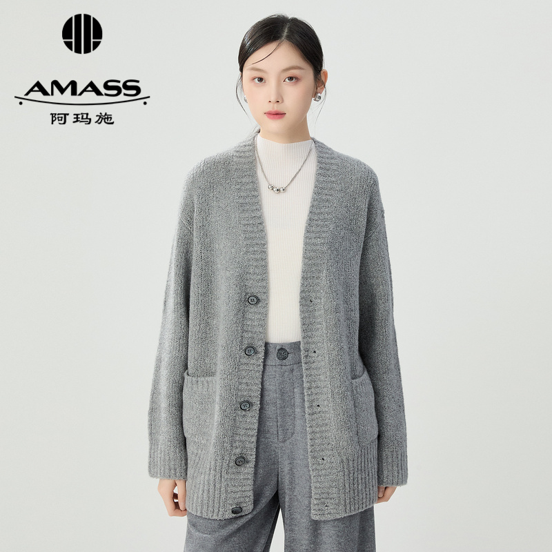 阿玛施AMASS 经典舒适简约廓形羊绒针织开衫5499283