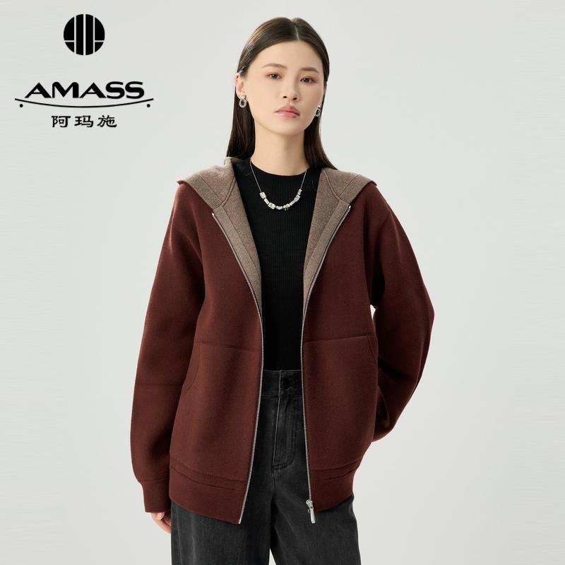 阿玛施AMASS 厚实质感粗针廓形连帽针织开衫5499284