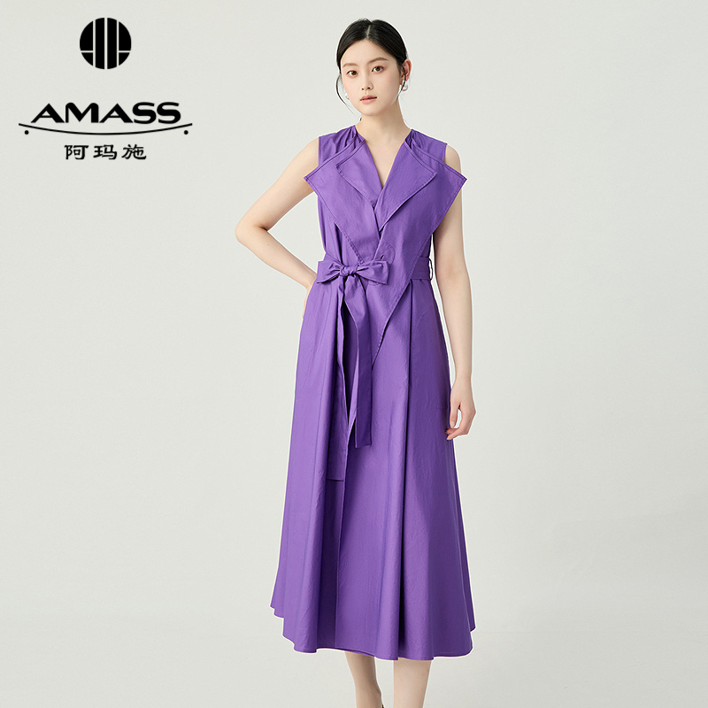 阿玛施AMASS 造型感无袖双层领口腰间系带连衣裙550001