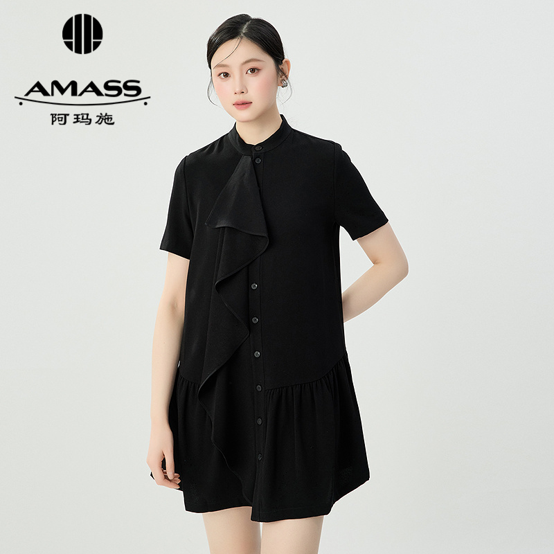 阿玛施AMASS 小立领短袖荷叶边下摆剪接宽松洋装550003