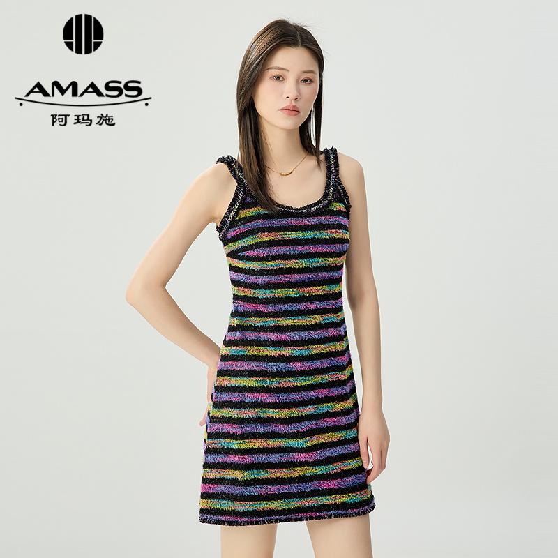 阿玛施AMASS 炫彩紫色细闪毛绒感背心式短款连衣裙550006