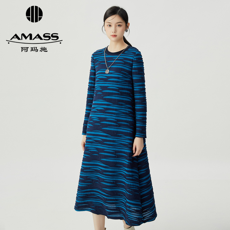 阿玛施 AMASS 圆领气质压褶蓝波纹长袖5500080
