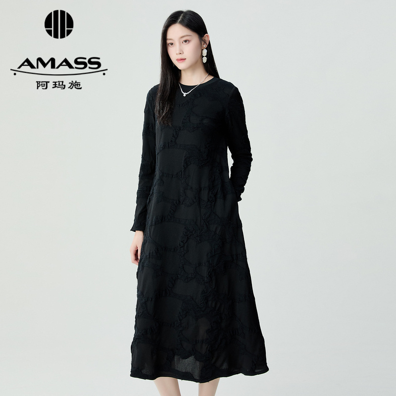 阿玛施AMASS 质感毛绒肌理长袖连衣裙5500080