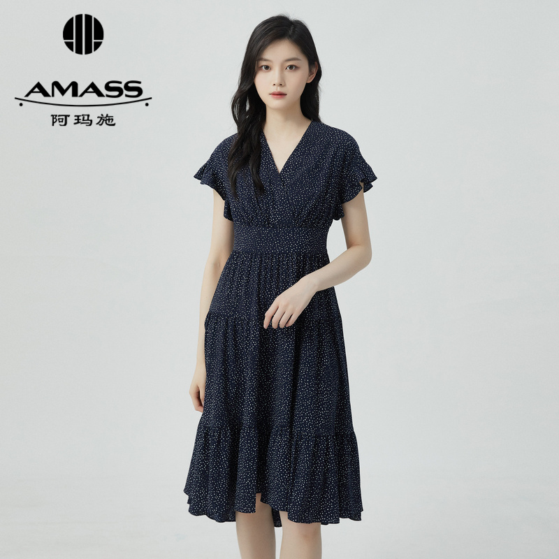 阿玛施AMASS 大V领复古波点收腰长款连衣裙5500104
