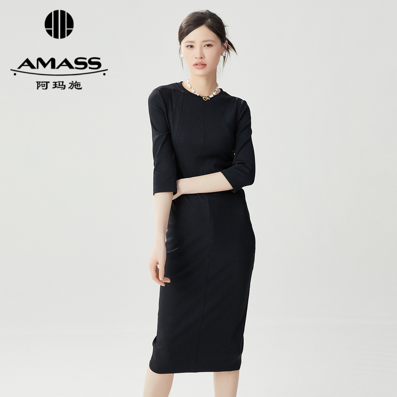 阿玛施AMASS 气质优雅曲线显瘦纯色修身连衣裙5500298