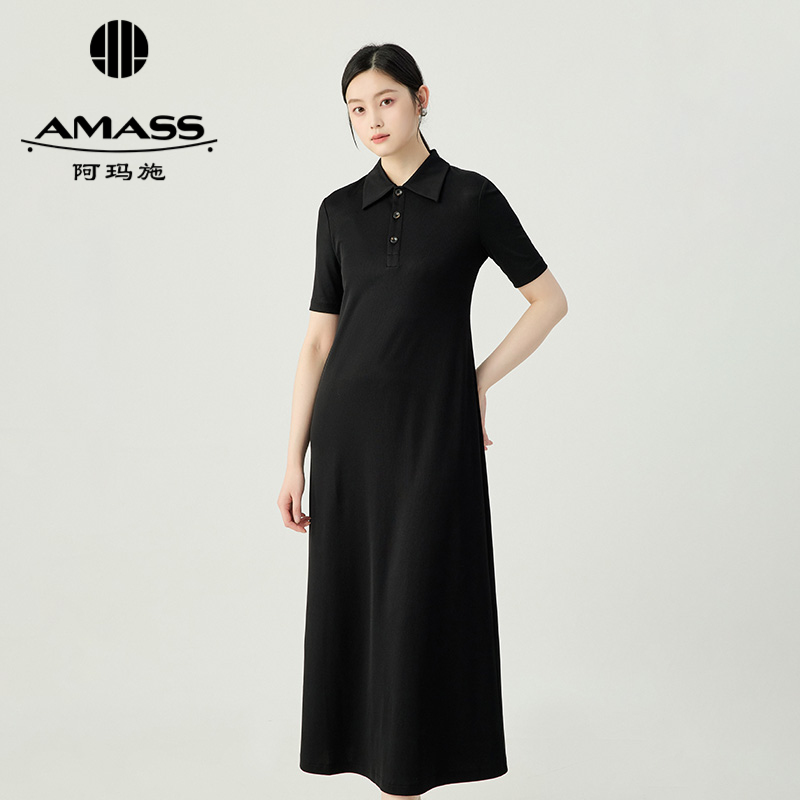 阿玛施AMASS 气质复古百搭翻领纽扣收腰短袖连衣长裙550030