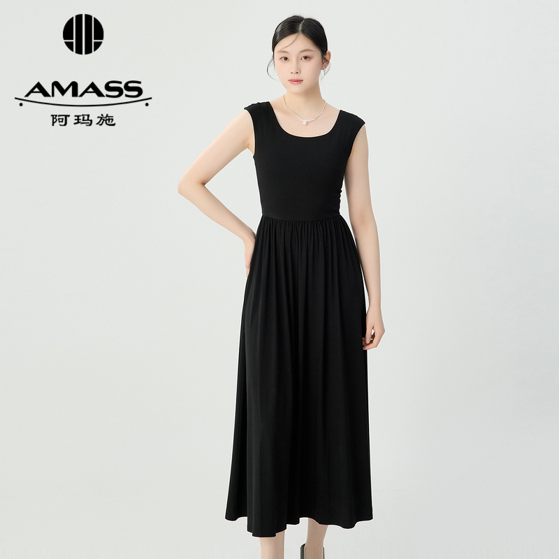 阿玛施AMASS 优雅气质垂坠感舒适小黑连衣裙550031