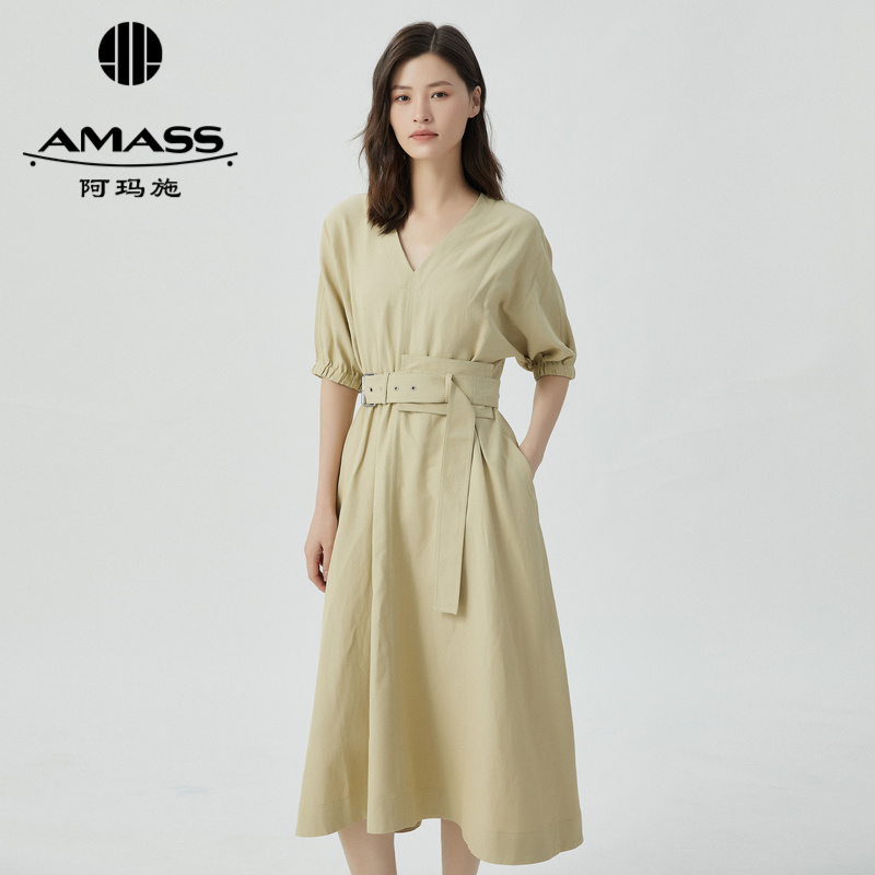 阿玛施AMASS 简约气质收腰V领短袖连衣裙5500371