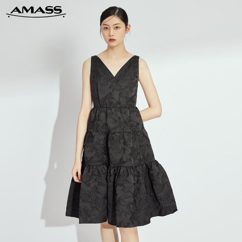AMASS阿玛施 V领肌理感压褶洋装5500377-1