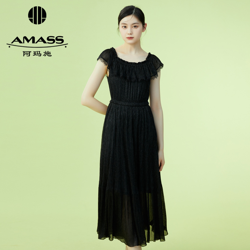 AMASS阿玛施 一字荷叶领褶皱连衣裙长裙5500379