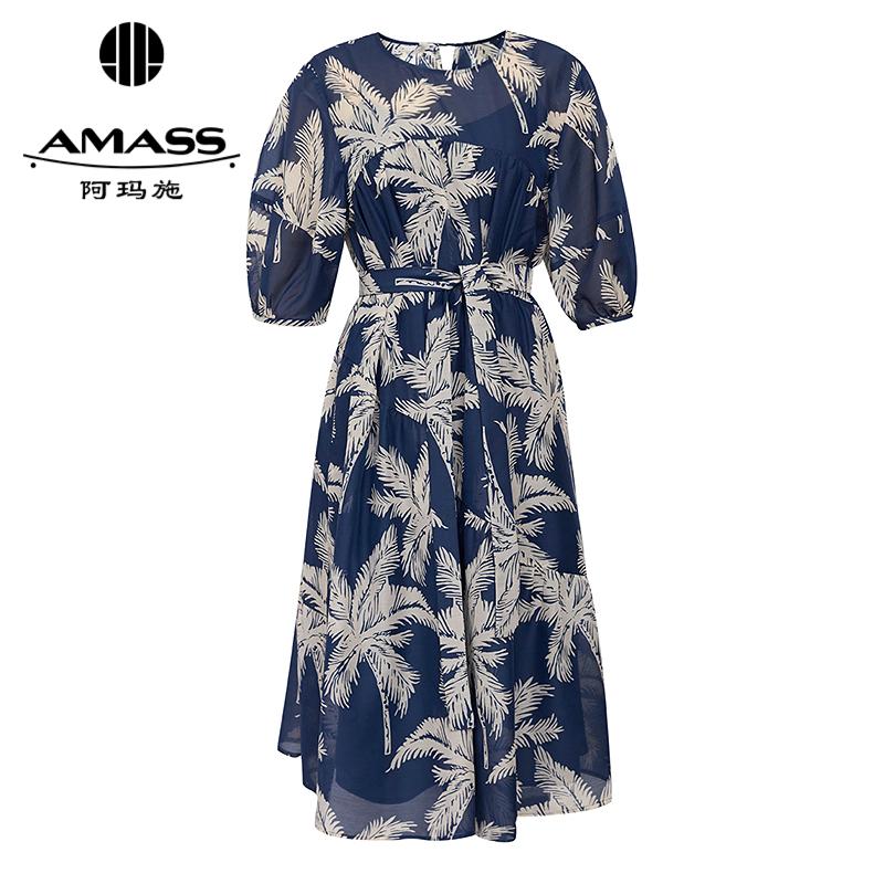 阿玛施AMASS 度假风抽褶短袖宽松印花洋装550038