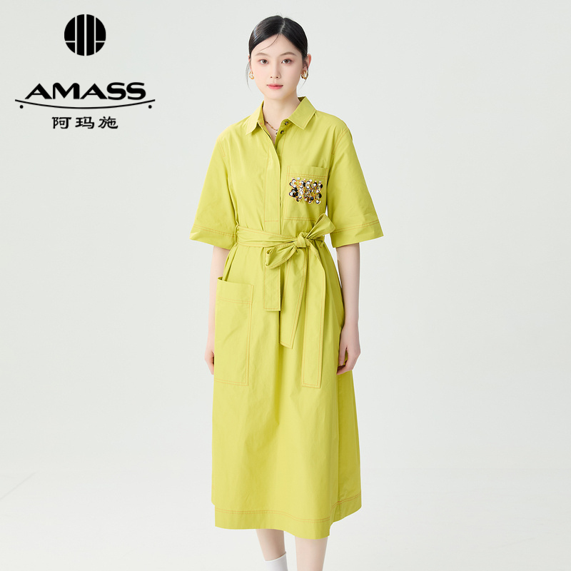 阿玛施AMASS 浪漫优雅小翻领短袖宽松复古印花连衣裙5500390