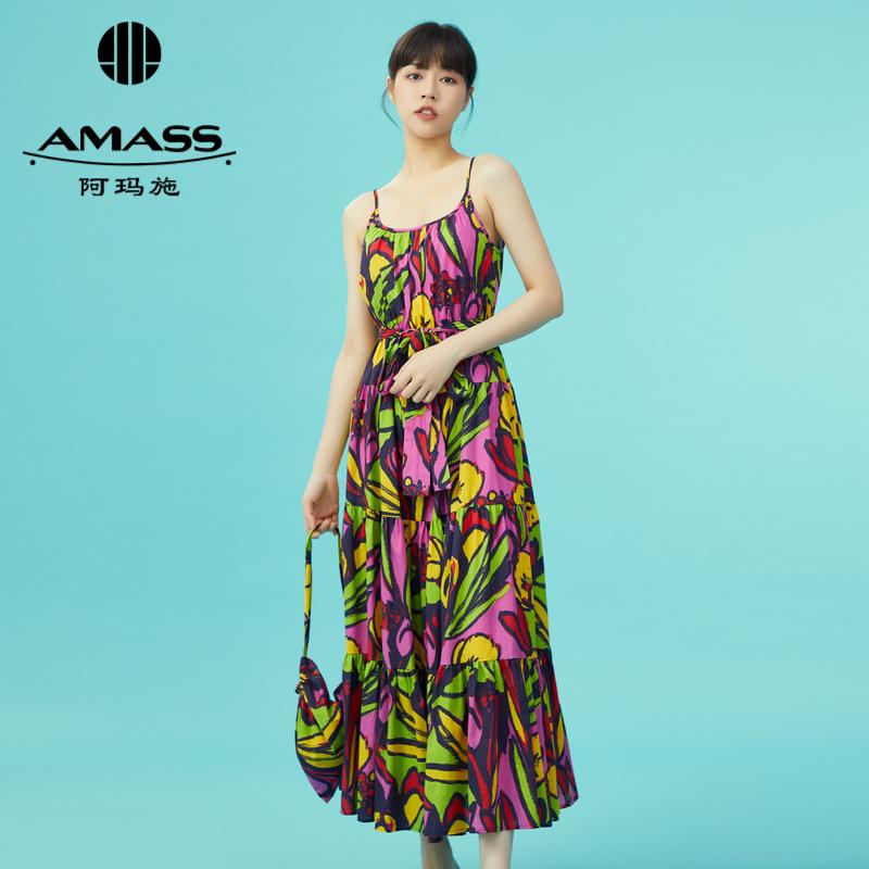 AMASS阿玛施 新款度假出游吊带印花连衣裙长裙 附布袋、腰带5500402