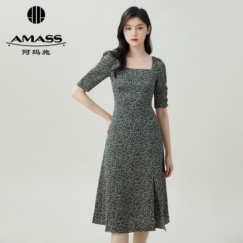 阿玛施AMASS方领五分袖开叉连衣裙复古中长裙5500406-2