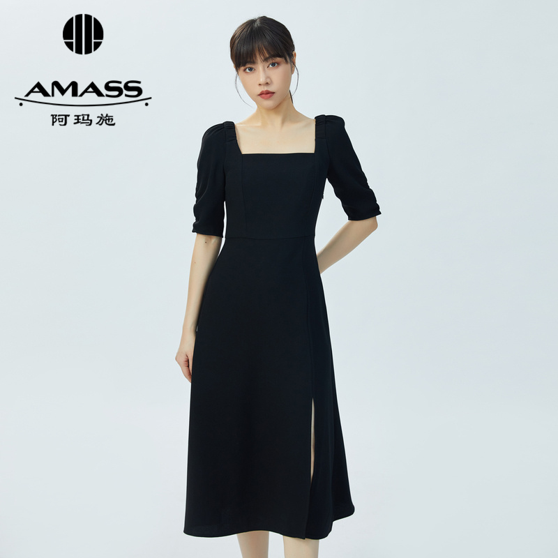 AMASS阿玛施 方领复古碎花连衣长裙5500406