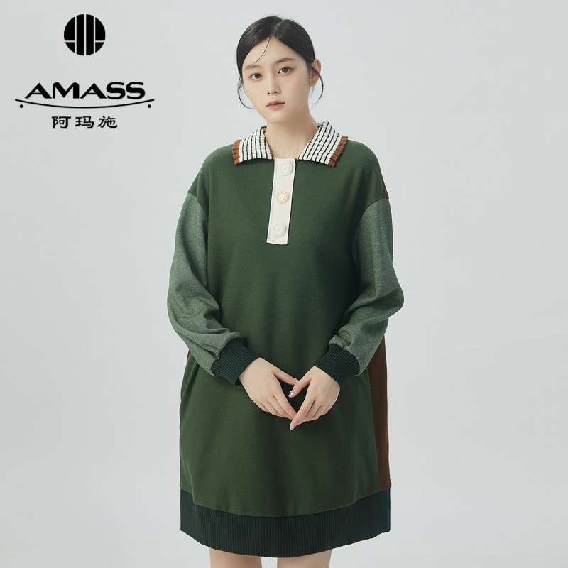 阿玛施AMASS 翻领压缩羊毛中长款拼色连衣裙5500415