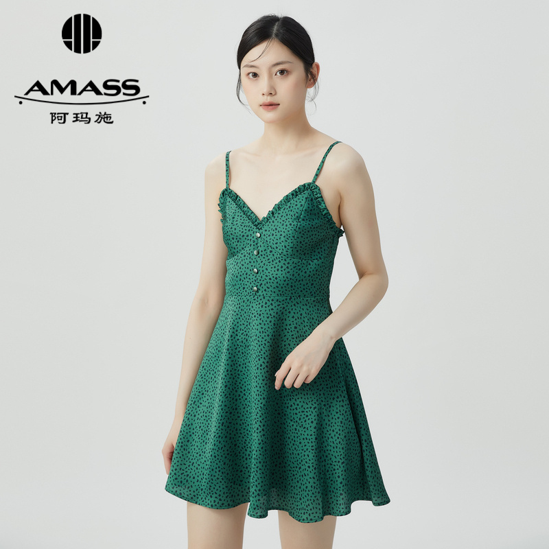 AMASS阿玛施 V领收腰吊带连衣裙短裙5500418-3